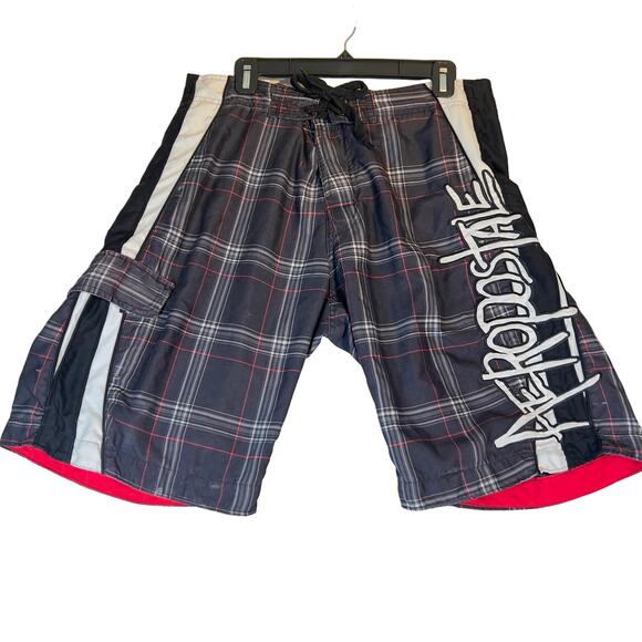 Aeropostale 1987 Board Short Swim Trunks Men 34W Black Red Grey Plaid Pocket - Picture 2 of 16